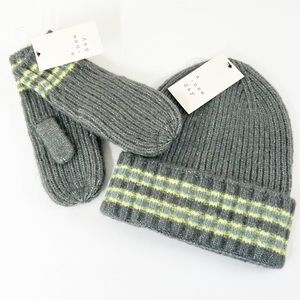 A NEW DAY gray yellow striped‎ Beanie & Mittens Set NWT one size GIFT Winter